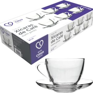 Jogo 6 Xicaras 6 Pires Classico Vidro 90ml Café Chá 12 Peças